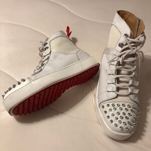 Christian Louboutin White High-Tops with Red Soles and Silver Spikes
